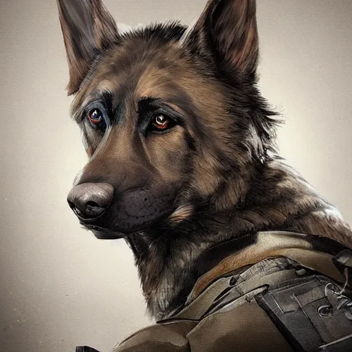Prompt: a wounded humanoid german shepherd beast - man in military style, sitting on the bed, highly detailed portrait, digital painting, artstation, concept art, smooth, sharp foccus ilustration, artstation