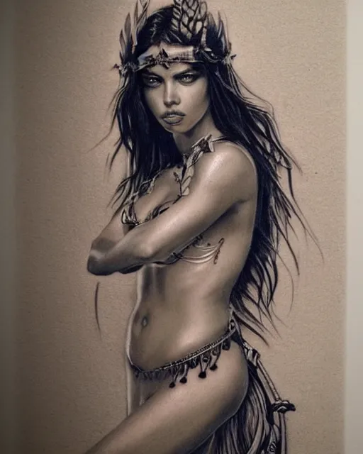 Image similar to realism tattoo sketch of adriana lima as a beautiful greek goddess aphrodite with piercing eyes wearing a laurel wreath and triangle earrings, in the style of greg rutkowski, amazing detail