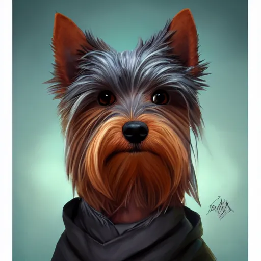 Prompt: A cute yorkshire terrier from hogwarts, 30mm, by Noah Bradley trending on ArtStation, deviantart, high detail, stylized portrait