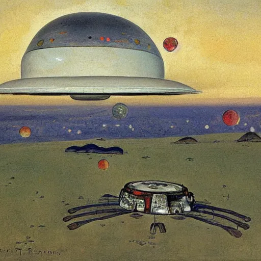 Prompt: painting of a ufo , fine art, painted by carl larsson , art deco