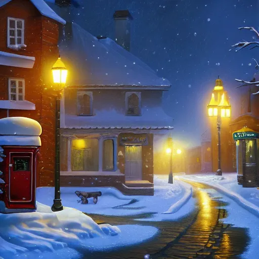 Prompt: town inspired by Evgeny Lushpin,winter,nighttime,post box,cinematic,art station