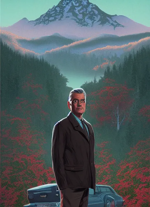 Prompt: Twin Peaks poster artwork by Artem Chebokha, Michael Whelan and Tomer Hanuka, Rendering of Dr. George Clooney, full of details, by Makoto Shinkai and thomas kinkade, Matte painting, trending on artstation and unreal engine