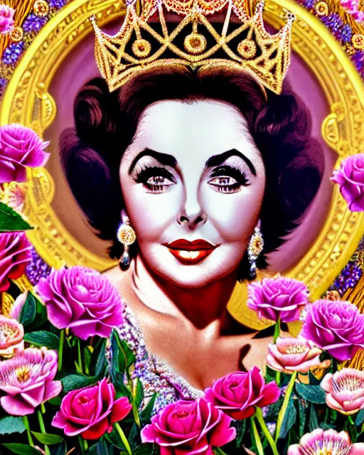 Prompt: a close-up portrait of a gorgeous glamourous Elizabeth Taylor in front of an ornate mandala wearing a huge elaborate detailed ornate crown made of all types of realistic colorful flowers, turban of flowers, sacred Geometry, Golden ratio, surrounded by scattered flowers peonies dahlias lotuses roses and tulips, photorealistic face, Cinematic lighting, rimlight, detailed digital painting, Portrait, headshot, in style of Artgerm, WLOP, Peter Mohrbacher, William adolphe Bouguereau, cgsociety, artstation, Rococo and baroque styles, symmetrical, hyper realistic, 8k image, 3D, supersharp, pearls and oyesters, turban of vibrant flowers, satin ribbons, pearls and chains, perfect symmetry, iridescent, High Definition, Octane render in Maya and Houdini, light, shadows, reflections, photorealistic, masterpiece, smooth gradients, no blur, sharp focus, photorealistic, insanely detailed and intricate, cinematic lighting, Octane render, epic scene, 8K