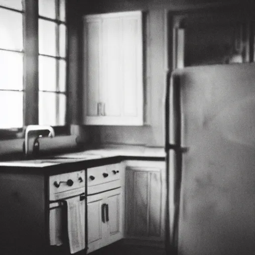 Image similar to grainy color photograph of a haunted being in a kitchen