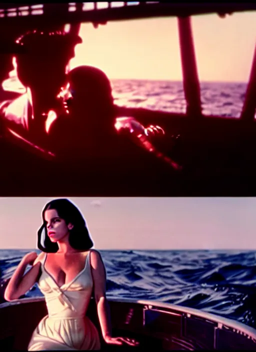 Prompt: movie still of a lana del rey being grabbed by an xenomorph, titanic ship interior, cinematic shot.