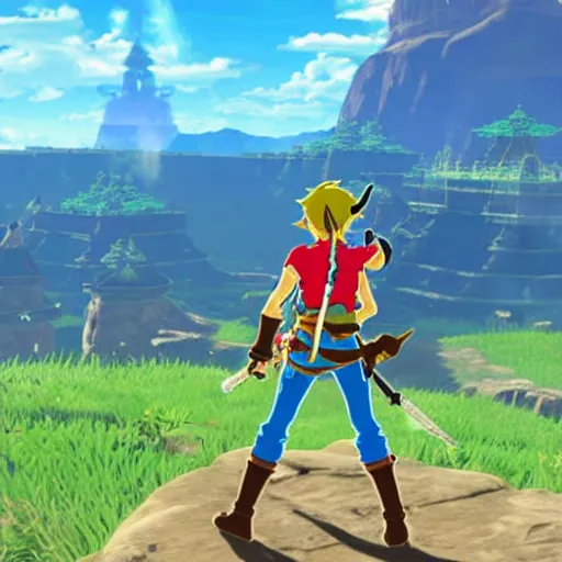 Image similar to a screencap of the legend of zelda breath of the wild, of one piece's luffy in breath of the wild