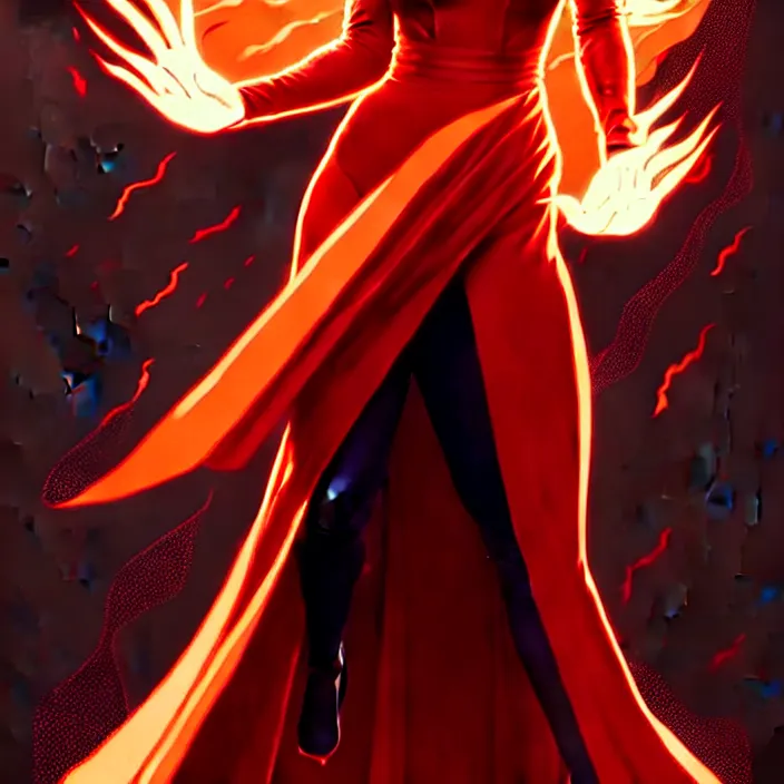 Image similar to style artgerm, joshua middleton, beautiful kristen bell with dark red dress, very long orange hair, symmetrical face, symmetrical eyes, fire powers fire swirling, detailed, volcano setting, cinematic lighting