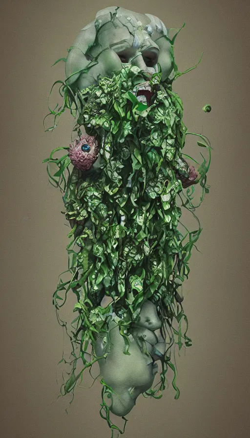 Prompt: hyperrealistic still life painting of a carnivorous underwater ivy demon, botanical print, Octane render