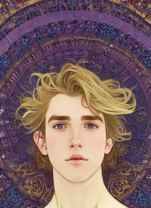 Image similar to pretty young man with shoulder length shiny shimmering golden blond hair, half body shot, emotional, decorative flower patterned background, path traced, highly detailed, high quality, digital painting, by studio ghibli and alphonse mucha, leesha hannigan, hidari, disney, jules bastien - lepage, art nouveau