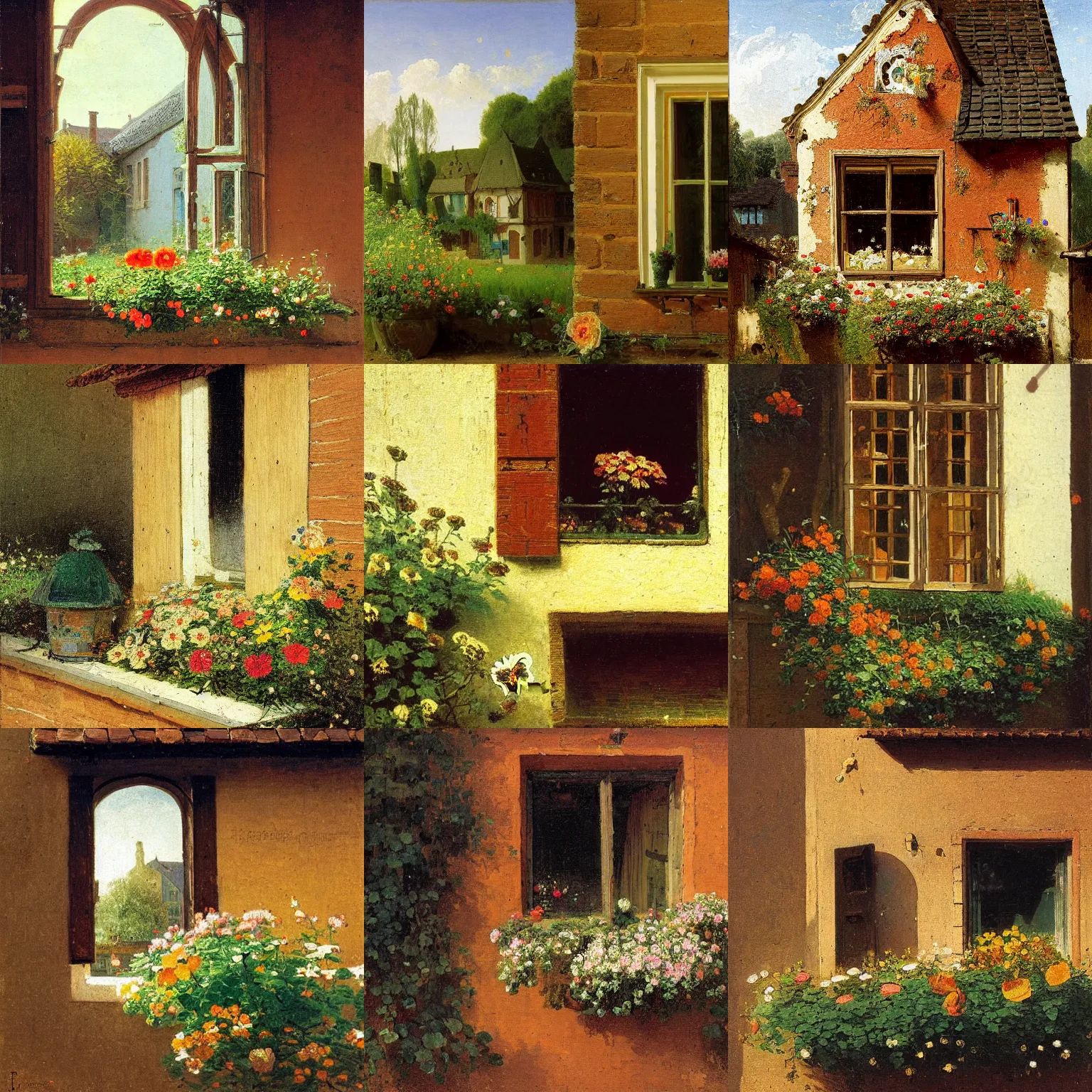 Prompt: window with flower box, timbered house with bricks, sunny, peaceful, by carl spitzweg, close up