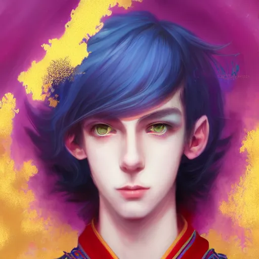 Prompt: colorful and festive captivating teenager boy with straight indigo hair, purple eyes with red eye markers, slim body, wearing a detailed japanese kimono with golden armor pieces. rich vivid colors, ambient lighting, dynamic lighting, 4 k, atmospheric lighting, painted, intricate, highly detailed by charlie bowater