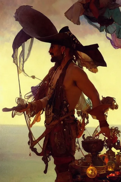 Prompt: hyperrealist portrait of a pirate sultan stepping on a treasure of gems and mythical animals. by jeremy mann and alphonse mucha, fantasy art, photo realistic, dynamic lighting, artstation, poster, volumetric lighting, very detailed faces, 4 k, award winning