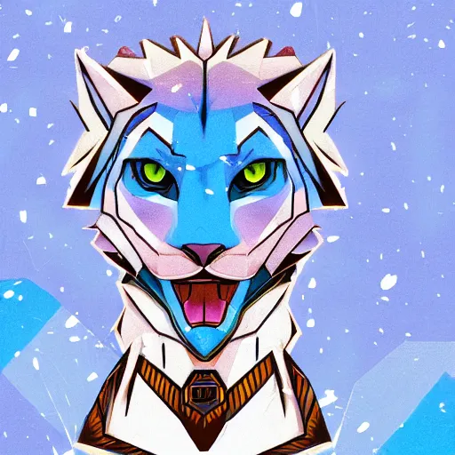 Prompt: aesthetic albino panther fursona portrait, commission of a anthropomorphic lion on fire, fursona wearing stylish clothes, winter armosphere, pastel simple art, low poly