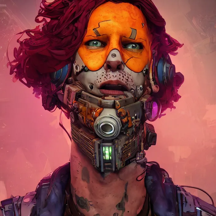 Image similar to cyberpunk portrait of curly orange hair man from borderlands 3, au naturel, hyper detailed, digital art, trending in artstation, cinematic lighting, studio quality, smooth render, unreal engine 5 rendered, octane rendered, art style by klimt and nixeu and ian sprigger and wlop and krenz cushart.