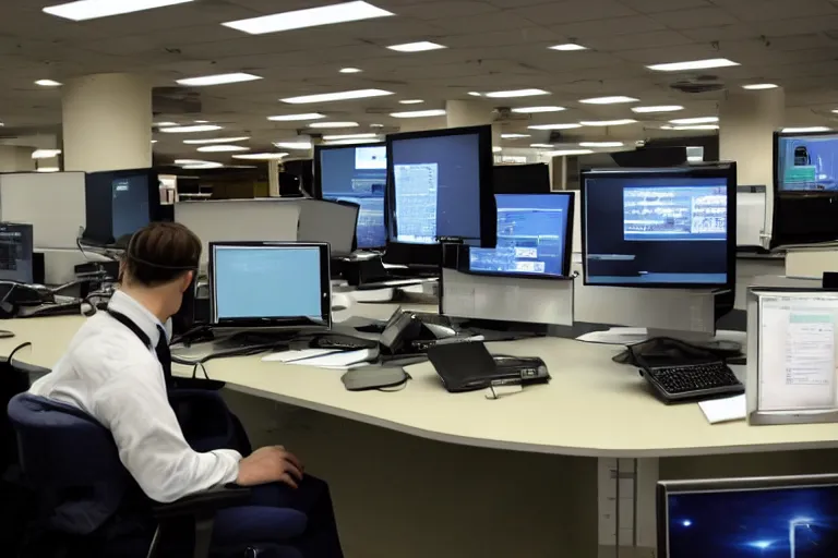 Image similar to an alien sat at a bank of computers listening for signs of life from space