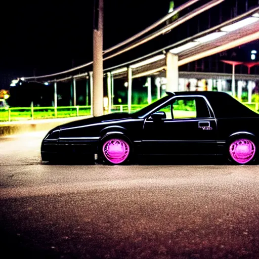 Prompt: a black 1990 Ford thunderbird sc at illegal car meet, Chiba prefecture, city midnight mist lights, cinematic color, vaporwave, highly detailed wheels, 50MM