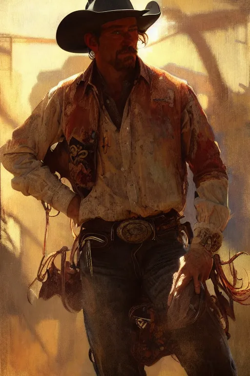 Image similar to hyperrealist portrait of a rodeo cowboy by jeremy mann and alphonse mucha, fantasy art, photo realistic, dynamic lighting, artstation, poster, volumetric lighting, very detailed faces, 4 k, award winning