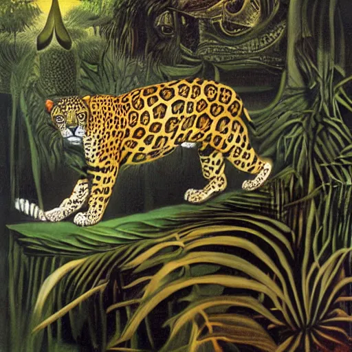 Prompt: intense jaguar in a dark misty jungle, by Salvador Dali