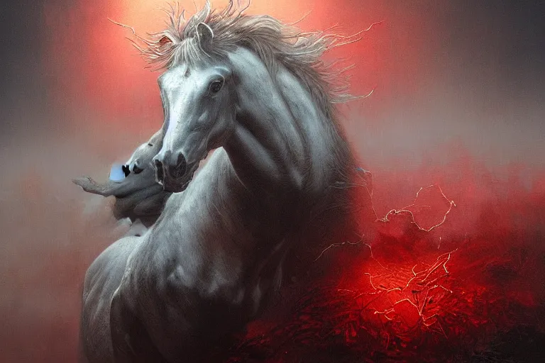 Image similar to a white cyberpunk horses with human heads, in the style of beksinski, intricate and epic composition, red by caravaggio, insanely quality, highly detailed, masterpiece, red light, artstation, 4 k