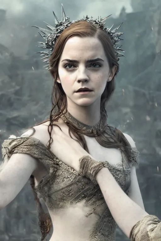 Image similar to a mix of of emma watson, anya taylor - joy and emma stone, evil sorceress witch, game of thrones scenes, hyperrealism, octane render, extremely detailed, intricate smoke magic, lace, style of mark ryden, earl nore, hyung tae, frank frazetta