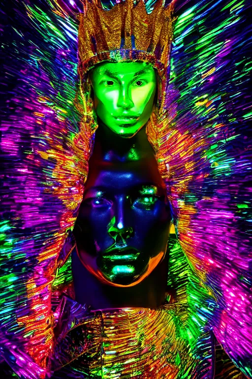 Prompt: hyper detailed ultra sharp photoshoot of baroque and bladerunner crystalline sapphire sculpture of seductive adrien sahores neon tigers iridescent humanoid deity wearing metallic hoody made out of banana leaves holding the sun prismatic dungeon, glowing rainbow face, crown of white diamonds, cinematic lighting, photorealistic, octane render 8 k depth of field 3 d