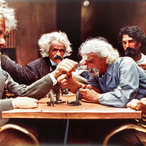 Prompt: Historical technicolor photograph, 350mm, arm wrestling match between Mark Twain and Albert Einstein