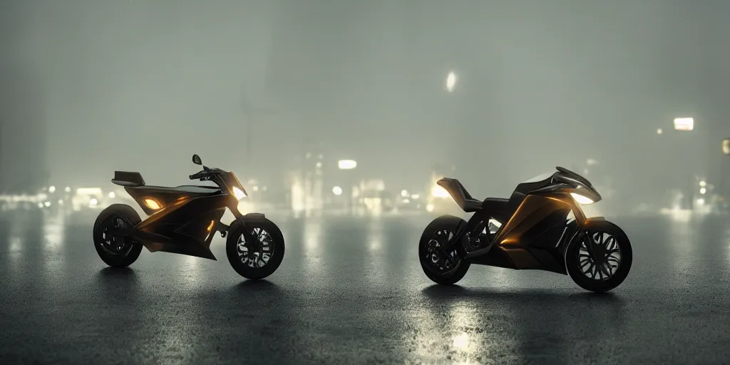 Image similar to parked Tron motorcycle, fog, rain, volumetric lighting, beautiful, golden hour, sharp focus, highly detailed, cgsociety