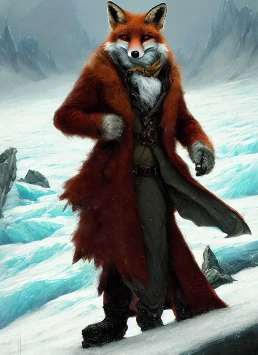 Prompt: an anthropomorphic fox man wearing a long coat walking across a glacier, paws, blizzard, character illustration by Aaron Miller, Greg Rutkowski, thomas kinkade, Howard Pyle, disney, El Greco, Cynthia Sheppard