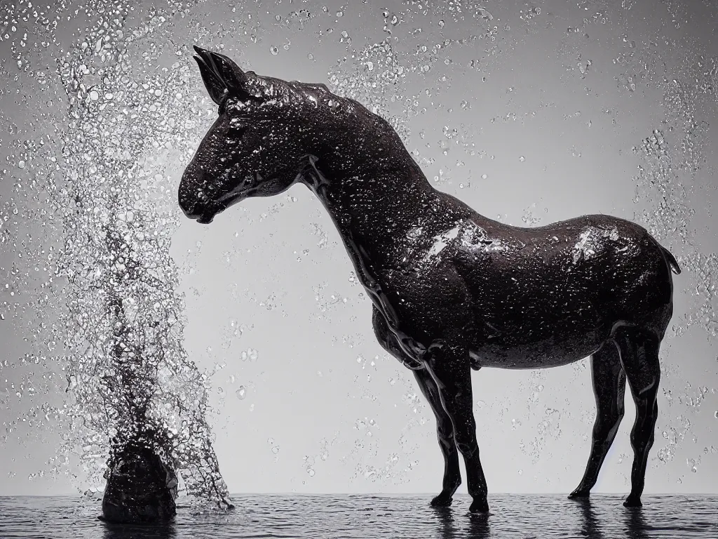 Prompt: a photo-real glazed ceramic sculpture of a mule, standing in an ocean of bubbly water, micro detail, backlit, studio light