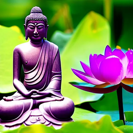 Prompt: The Buddha sitting on a purple Lotus Flower, Buddhist Art, Depth of Field, 4k resolution