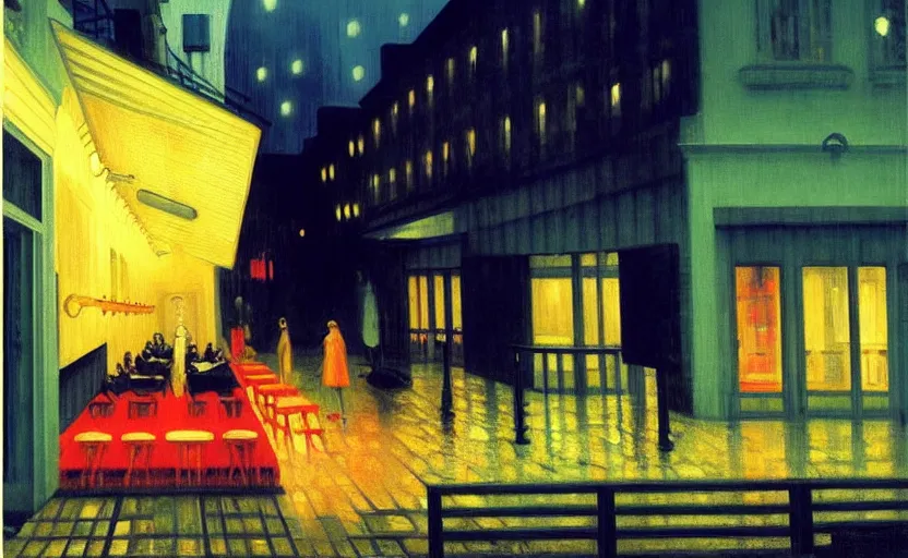 Prompt: exterior of cyberpunk restaurant during a melancholy rainy night by hopper, edward