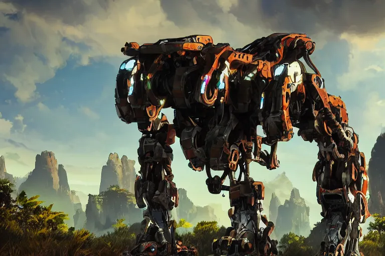 Image similar to tallneck machine mecha animal beast robot of horizon forbidden west horizon zero dawn bioluminiscence global illumination ray tracing hdr fanart arstation by sung choi and eric pfeiffer and gabriel garza and casper konefal