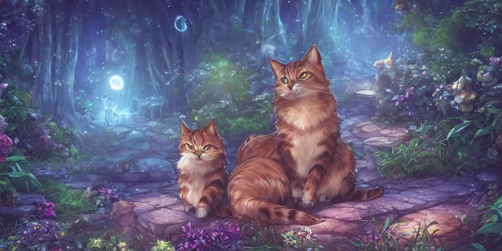 Image similar to final fantasy key visual of a cat, meditating in a magical fantasy garden at night, moonlight, fireflies glowing, lofi feel, magical, highly detailed, digital art, artstation, smooth, hard focus, illustration, art by artgerm - in the style of final fantasy and studio ghibli