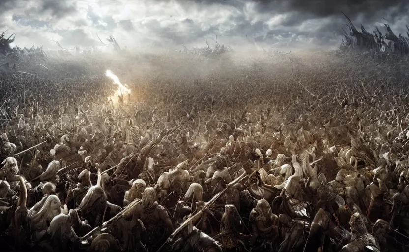 Image similar to stunning photograph of the battle of the pelennor fields, detailed, by erwin olaf, joop geesink, jim henson, brian froud, 8 k resolution, beautiful lighting, studio light, extremely detailed, establishing shot, realistic materials, hyperrealistic