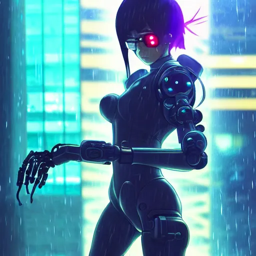 Image similar to cyberpunk anime art, refractions on lens, beautiful cyborg girl fighting a mech in the style of arcane, full round face, biomechanical details, full body shot, rain, wet street, window reflections, lens flare, wlop, ilya kuvshinov, artgerm, krenz cushart, greg rutkowski