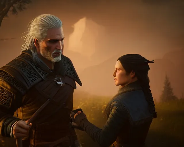 Image similar to 5 5 mm portrait photo of geralt arguing with yennefer. magical atmosphere. art by greg rutkowski. highly detailed 8 k. intricate. lifelike. soft light. nikon d 8 5 0.