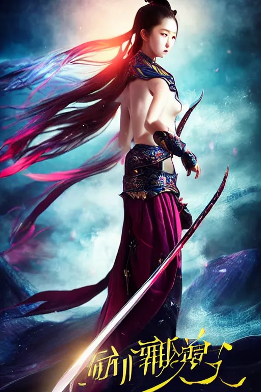 Image similar to beautiful cinematic fantasy poster, wuxia sword dance heroine, beautiful glowing galaxy eyes, hybrid from Dynasty Warriror and art direction by tian zi, WLOP, Darius Zawadzki cinematic quality character render; low angle; ultra high quality model; production quality cinema model;