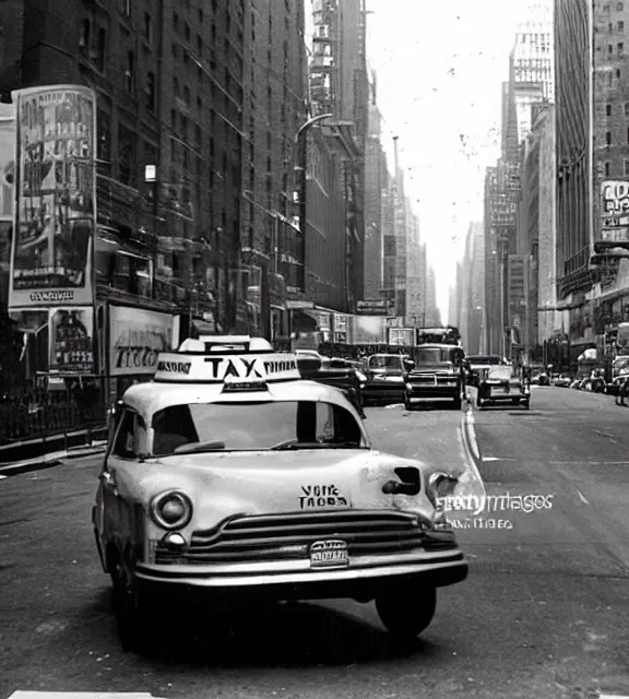 Image similar to a vintage photo of a taxi cab driving on a new york city road.