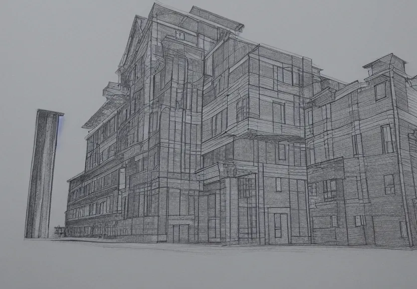 Prompt: architecture drawing of a building that is made for pure entertainment lines graphite good paper 3 d photo thank you computer