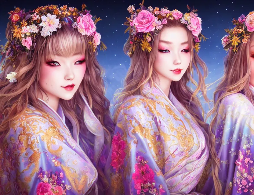 Image similar to two beautiful alluring siberian girls wear fantasy kimono in festival | | sunny night, full moon, dreamlike art, realistic shaded, smile, good looking, hyper details, 4 k realistic, cryengine, realistic shaded lighting poster by artgerm, ross tran, fuji choko, 8 k resolution, trending on artstation, luxury