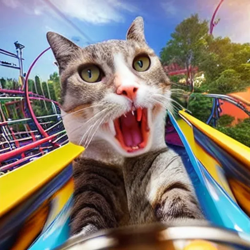 Image similar to selfie of a shouting cat riding a roller - coaster, highly - detailed realistic award - winning