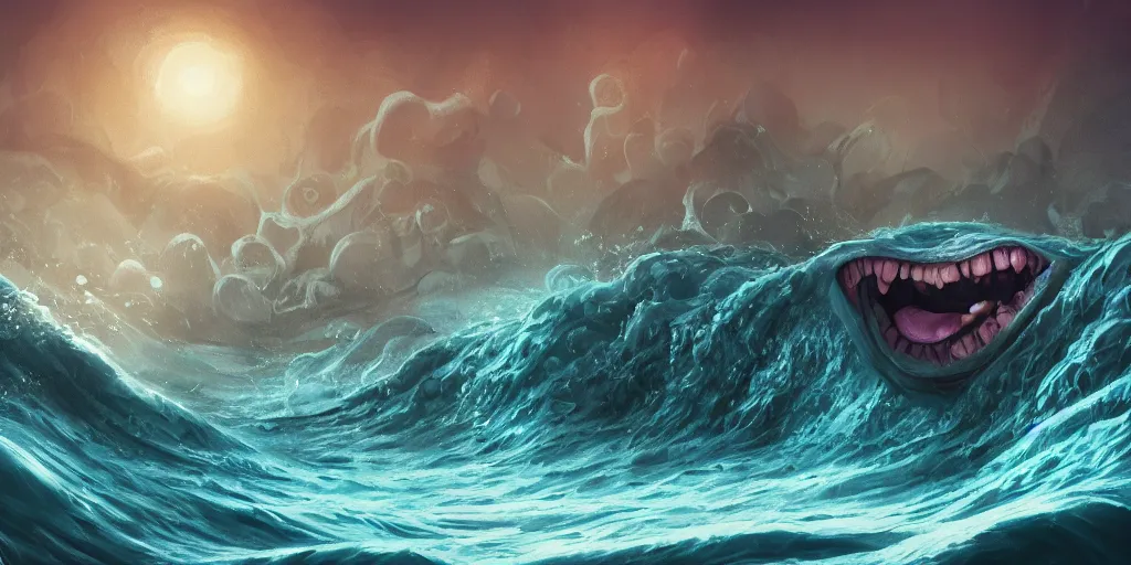 Prompt: of a stormy ocean with strange cute friendly happy creatures with huge eyes, mouth, long tongue, round teeth and goofy face, appearing from the background, in the style of gehry and gaudi, macro lens, shallow depth of field, ultra detailed, digital painting, trending artstation, concept art, illustration, cinematic lighting, photorealism, epic, octane render