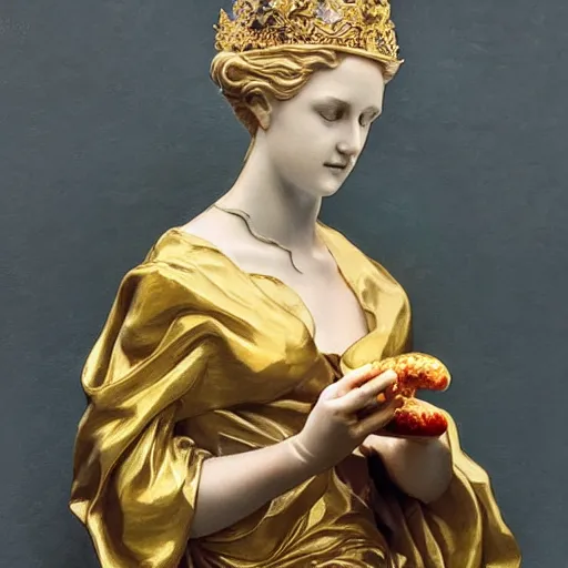 Image similar to beautiful lifelike award winning marble statue bust of dronning magrethe eating a hotdog trending on art station artgerm greg rutkowski alphonse mucha museum quality cinematic atmospheric