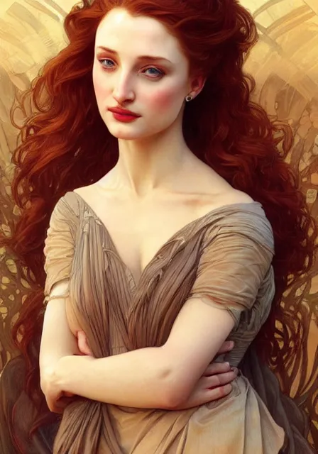 Image similar to sansa angeline jolie gessica chastain, intricate, elegant, highly detailed, digital painting, artstation, concept art, smooth, sharp focus, illustration, art by artgerm and greg rutkowski and alphonse mucha and william - adolphe bouguereau