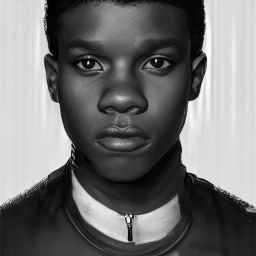 Image similar to a man who looks like a mixture between John Boyega, Shameik Moore and young Denzel Washington, wearing white and black utilitarian jumpsuit, scifi, highly detailed portrait, digital painting, artstation, concept art, smooth, sharp foccus ilustration, Artstation HQ.