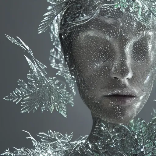 Image similar to a highly detailed ethereal full body digital image of a silver covered elegantly posed futuristic woman beautifully cocooned in chromatic leafy foliage like leaves shot, full body shot, by Andrew Chiampo, artstation, and Frederik Heyman, extremely detailed woman, stunning volumetric lighting, intricate details, hyper realism, fantasy, textured, stylized, 4k,