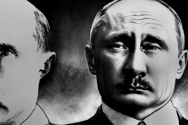 Prompt: vladimir putin as adolf hitler, hyper realism, world war 2, black and white still photos