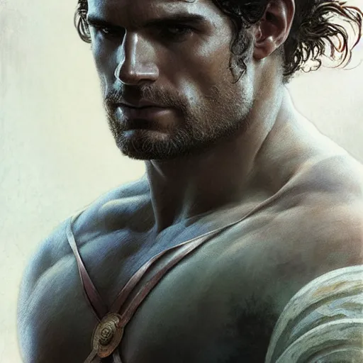 Image similar to henry cavill as a greek gladiator, gorgeous, amazing, muscular, intricate, highly detailed, digital painting, artstation, concept art, sharp focus, illustration, art by greg rutkowski and alphonse mucha