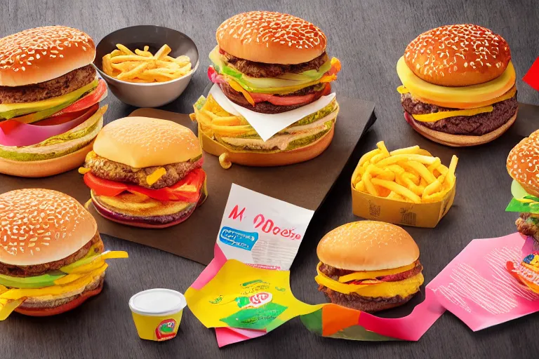 Image similar to mcdonalds colorful burgers, commercial photograph taken on table