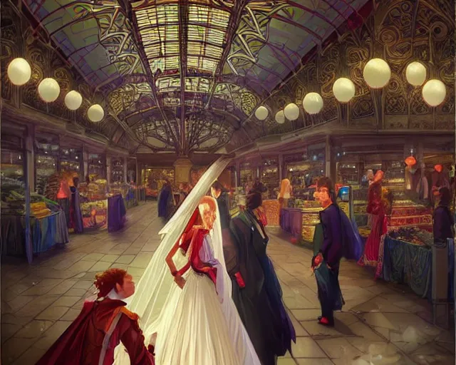 Prompt: a wedding in a supermarket, photography of kurzgesagt, deep focus, d & d, fantasy, intricate, elegant, highly detailed, digital painting, artstation, concept art, matte, sharp focus, illustration, hearthstone, art by artgerm and greg rutkowski and alphonse mucha